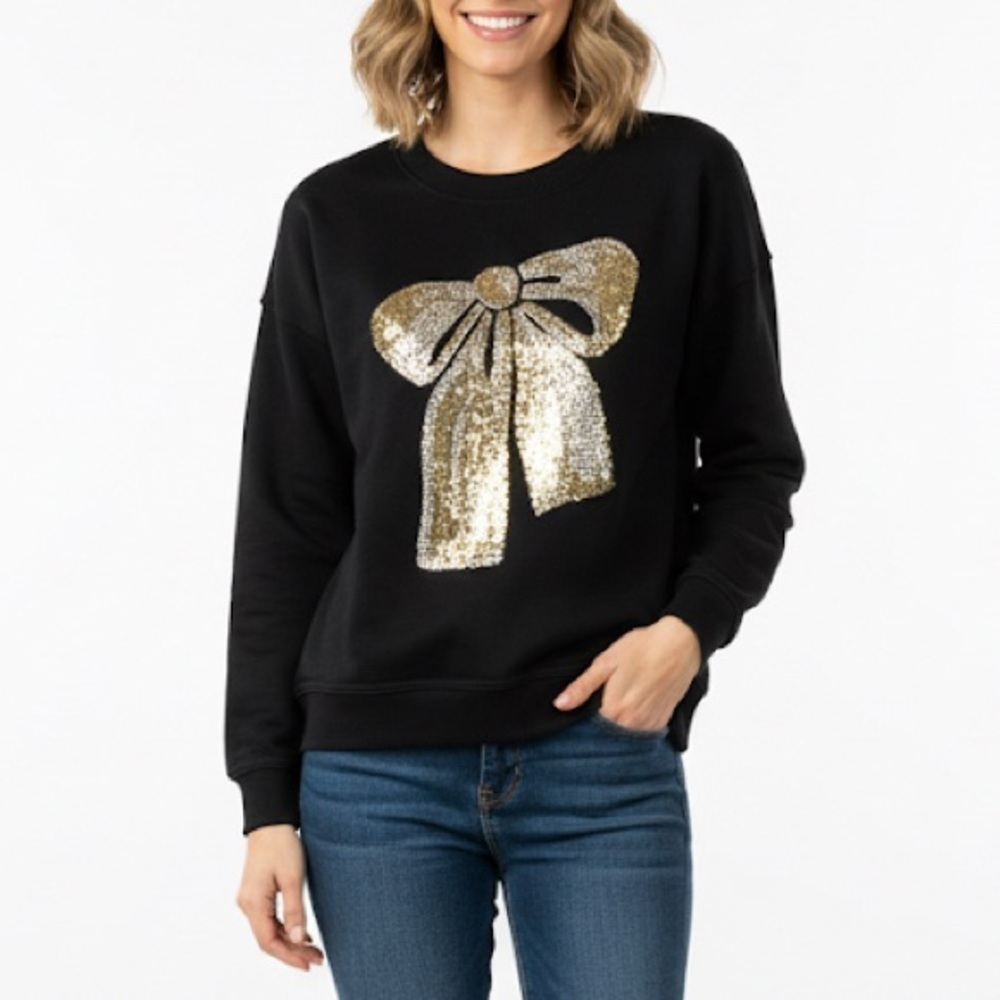 NWT Philosophy Black Knit Crewneck Sweater Sequin Bow Sz XS